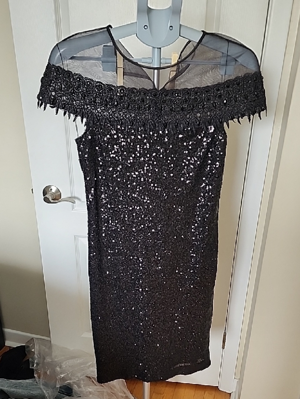 Mignon Black Evening Dress With Beaded Accent And Cap Sleeve